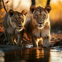 A photo of Lion cubs at sunset in Kruger National Park, South Africa Specie Panthera leo family of Felidae. Generative AI