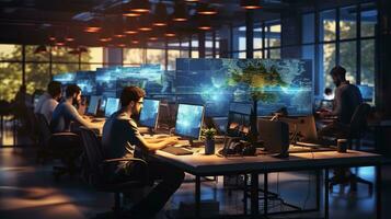 A image of Business people using computers in modern office at night working time Generative AI photo