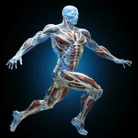 3D render of a male figure with muscle maps on a dark background Generative AI photo