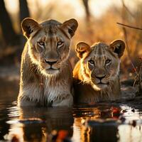 A picture of Lion couple at sunrise in Kruger National Park, South Africa Specie Panthera leo family of Felidae. Generative AI photo