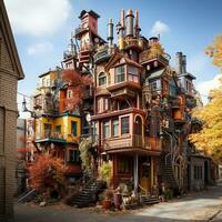 A photo of Colorful wooden houses on the streets of the city Generative AI