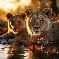 A picture of Lion cubs at sunset in Kruger National Park, South Africa Specie Panthera leo family of Felidae. Generative AI photo
