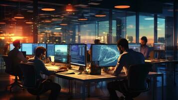 A photo of Business people using computers in modern office at night working time Generative AI
