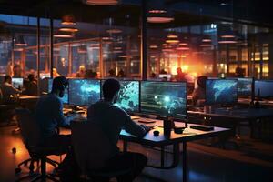 A photo of Business people using computers in modern office at night working time. Generative AI