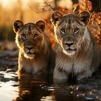 A picture of Lion couple at sunrise in Kruger National Park, South Africa Specie Panthera leo family of Felidae Generative AI photo