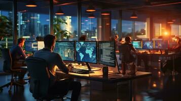A image of Business people using computers in modern office at night working time. Generative AI photo