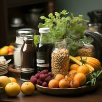 A image of Healthy food background. Fruits and vegetables on wooden table. Generative AI photo