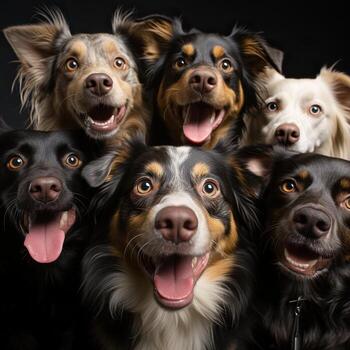 A picture of Group of happy dogs in front of a white background. Studio shot. Generative AI photo