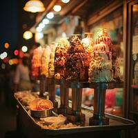 A image of Ice cream scoops in waffle cones on wooden table selective focus Generative AI photo