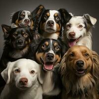 un imagen de grupo de contento perros en frente de un blanco antecedentes. estudio disparo. generativo ai foto