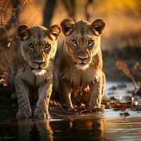 A image of Lion couple at sunrise in Kruger National Park South Africa Specie Panthera leo family of Felidae. Generative AI photo