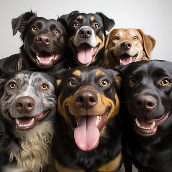 A photo of Group of happy dogs in front of a white background. Studio shot. Generative AI