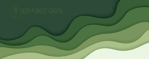 Deep forest green waves, paper art banner. Nature greenery color poster template in papercut style. Vector illustration EPS 10.