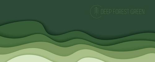 Deep forest green waves, paper art banner. Nature greenery color poster template in papercut style. Vector illustration EPS 10.