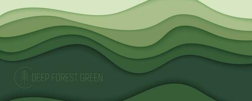 Deep forest green waves, paper art vertical banner. Nature greenery color poster template in papercut style. Vector illustration EPS 10.-06