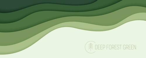 Deep forest green waves, paper art banner. Nature greenery color poster template in papercut style vector
