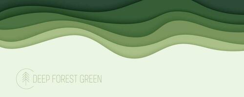 Deep forest green waves, paper art banner. Nature greenery color poster template in papercut style. Vector illustration EPS 10.