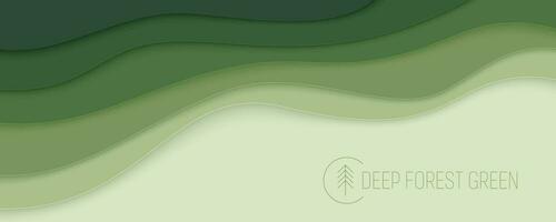 Deep forest green waves, paper art banner. Nature greenery color poster template in papercut style. Vector illustration EPS 10.