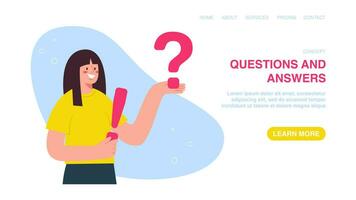 Web page with woman holding question and exclamation marks vector