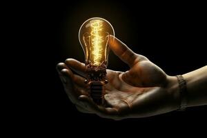 Idea light bulb in human hand on dark background. 3d rendering, Robot hand holding glowing light bulb on Black background. Mixed media, AI Generated photo