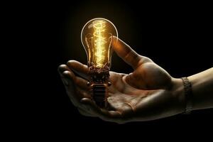 Idea light bulb in human hand on dark background. 3d rendering, Robot hand holding glowing light bulb on Black background. Mixed media, AI Generated photo