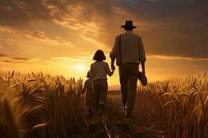 Back view of father and daughter walking in wheat field at sunset, rear view of the Father and his children walking in the field in sunset, AI Generated photo