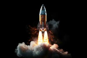 Rocket taking off into the sky. 3d illustration. Elements of this image furnished by NASA, Rocket taking off to the moon on a black background, AI Generated photo