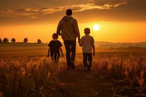 padre y hijos caminando en el campo a puesta de sol. concepto de simpático familia, posterior ver de el padre y su niños caminando en el campo en atardecer, ai generado foto