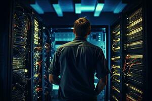 Rear view of young man standing in datacenter server room, rear view of the Technician repairing the server in the data center. Technology and internet concept, AI Generated photo