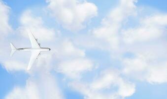 Airplane 3d render on a background of blue sky and clouds. Illustration with copy space. photo