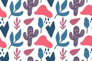 Hand drawn cactus with abstract organic plants and geometric shapes seamless pattern vector