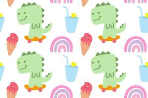 Hand drawn cute little dino with skateboard and various objects cartoon seamless pattern vector