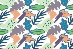 Hand drawn tropical jungle plants with abstract shapes seamless pattern design vector