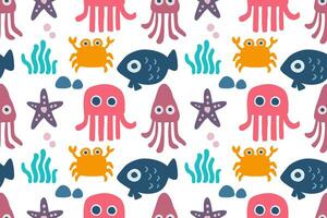 Hand drawn cute little jellyfish, squid, fish and underwater objects cartoon illustration seamless pattern vector