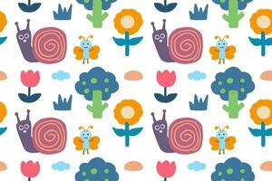 Hand drawn cute little snail with bug, flowers and other natural objects cartoon illustration seamless pattern vector