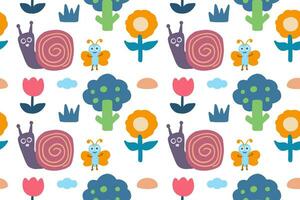 Hand drawn cute little snail with bug, flowers and other natural objects cartoon illustration seamless pattern vector