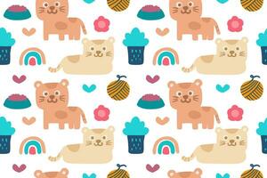 Hand drawn cute little cats playing with various colorful objects cartoon illustration seamless pattern vector