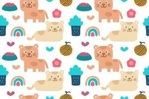 Hand drawn cute little cats playing with various colorful objects cartoon illustration seamless pattern vector