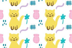Hand drawn cute little cat with various house objects seamless pattern vector