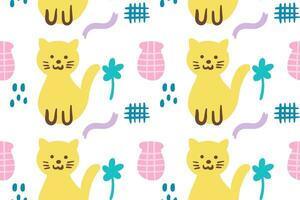 Hand drawn cute little cat with various house objects seamless pattern vector