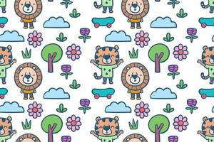 Hand drawn cute little lion and tiger cartoon illustration seamless pattern vector