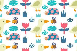 Hand drawn cute little duck, turtle and bee with flower and plants cartoon illustration seamless pattern vector