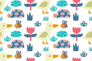 Hand drawn cute little duck, turtle and bee with flower and plants cartoon illustration seamless pattern vector