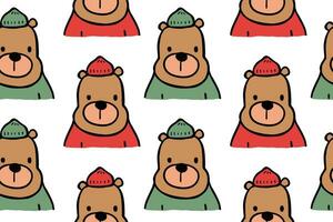 Seamless pattern hand drawn funny bear with beanie hat vector