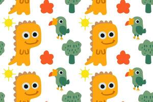 Cute little dino, toucan and bug with nature objects cartoon illustration seamless pattern vector