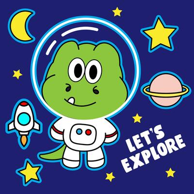Cute little dinosaur astronaut in outer space with planet and stars illustration