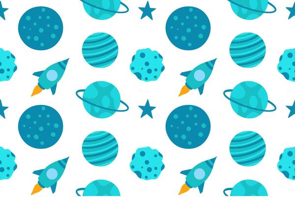 Seamless pattern hand drawn cute rocket, planets and stars space objects