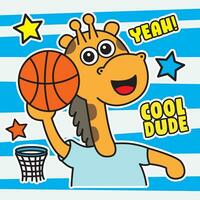 Hand drawn cute little giraffe with basketball cartoon illustration vector