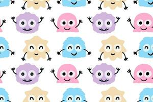 Seamless pattern hand drawn cute colorful monsters vector