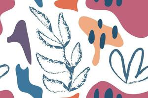 Hand drawn plants with organic contemporary abstract shapes and brushes seamless pattern for fabric print vector